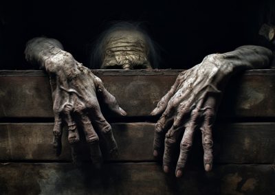 Zombie derrière porte avec mains qui dépassent